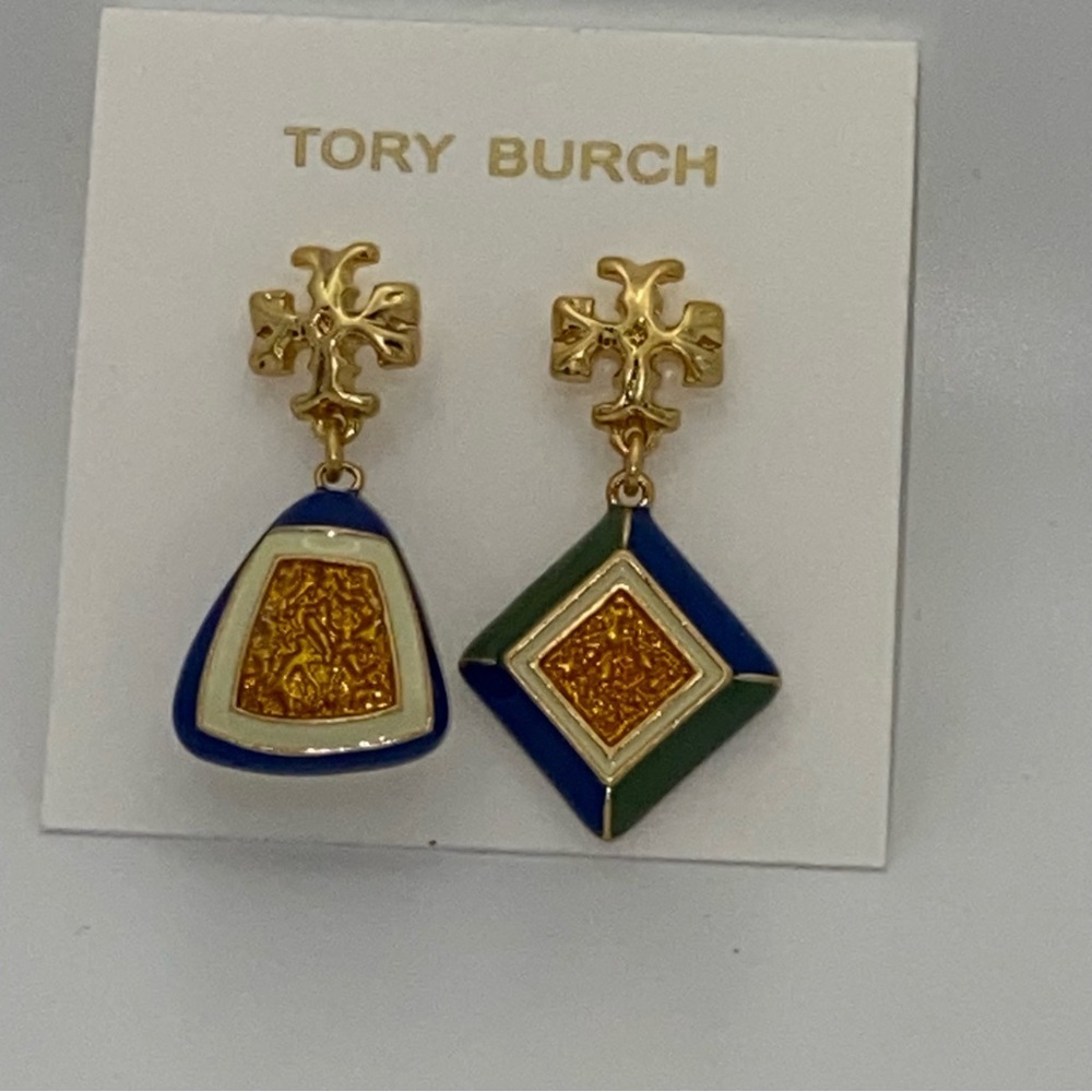 NWT Tory Burch Rosanne Mismatch Drop Earrings, blue/ green and gold tone - Picture 3 of 8